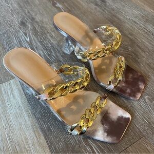 Brown And Gold Block Heel Mules